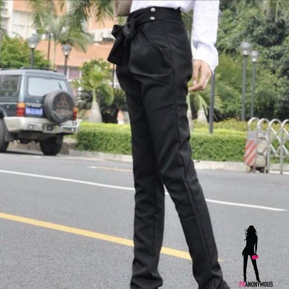 Black Polished Cotton Tie Front Pants - Picture 2 of 4